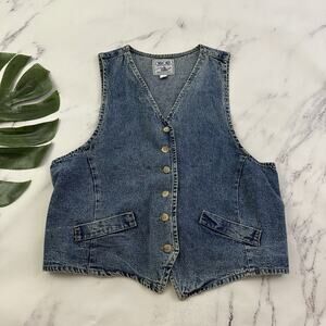 Cherokee Womens Vintage Denim Vest Size M Stonewash Jean 90s Tie Back Buttons